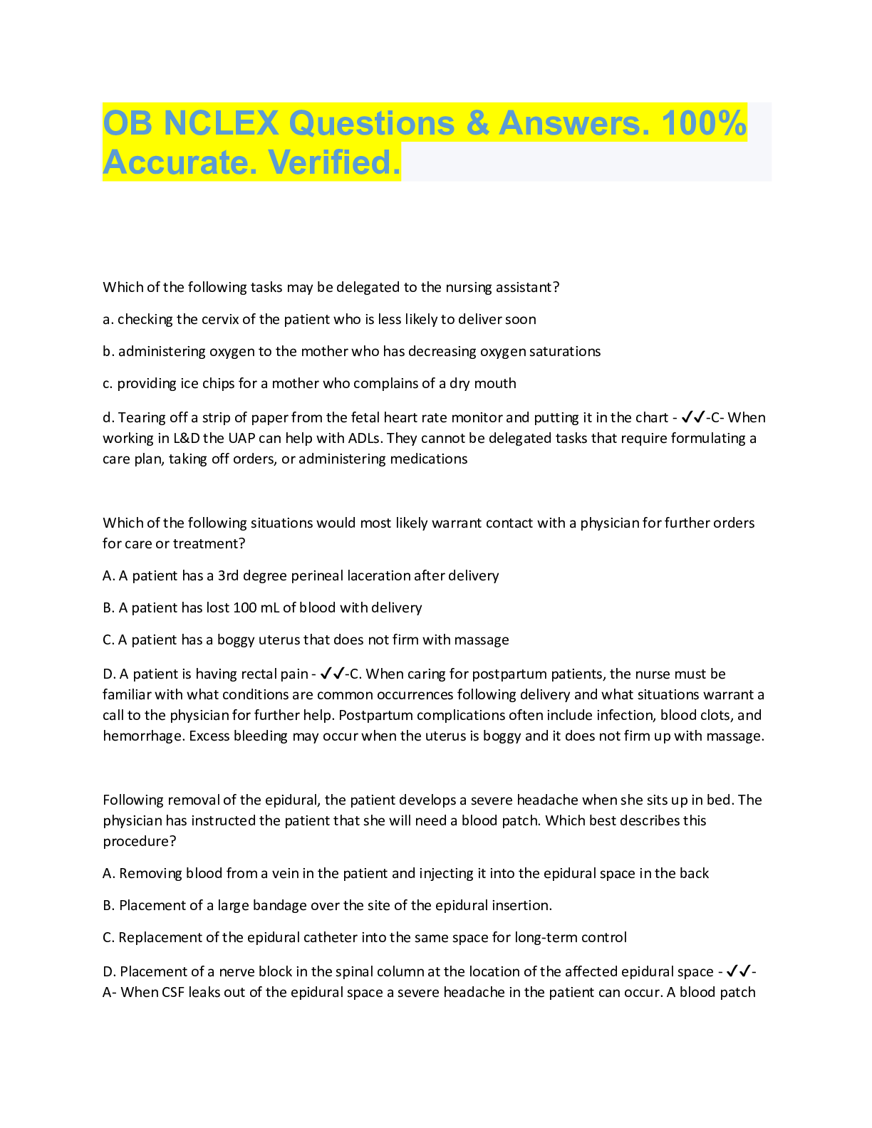 Preview image for OB NCLEX Questions & Answers. 100%  Accurate. Verified. Which of the following